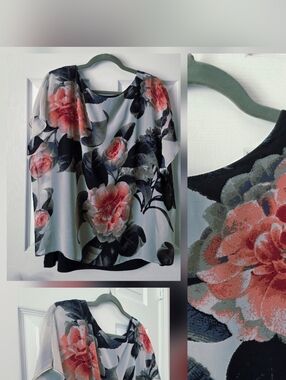Floral Chiffon Overlay Women’s Top - Coral Pink & Black